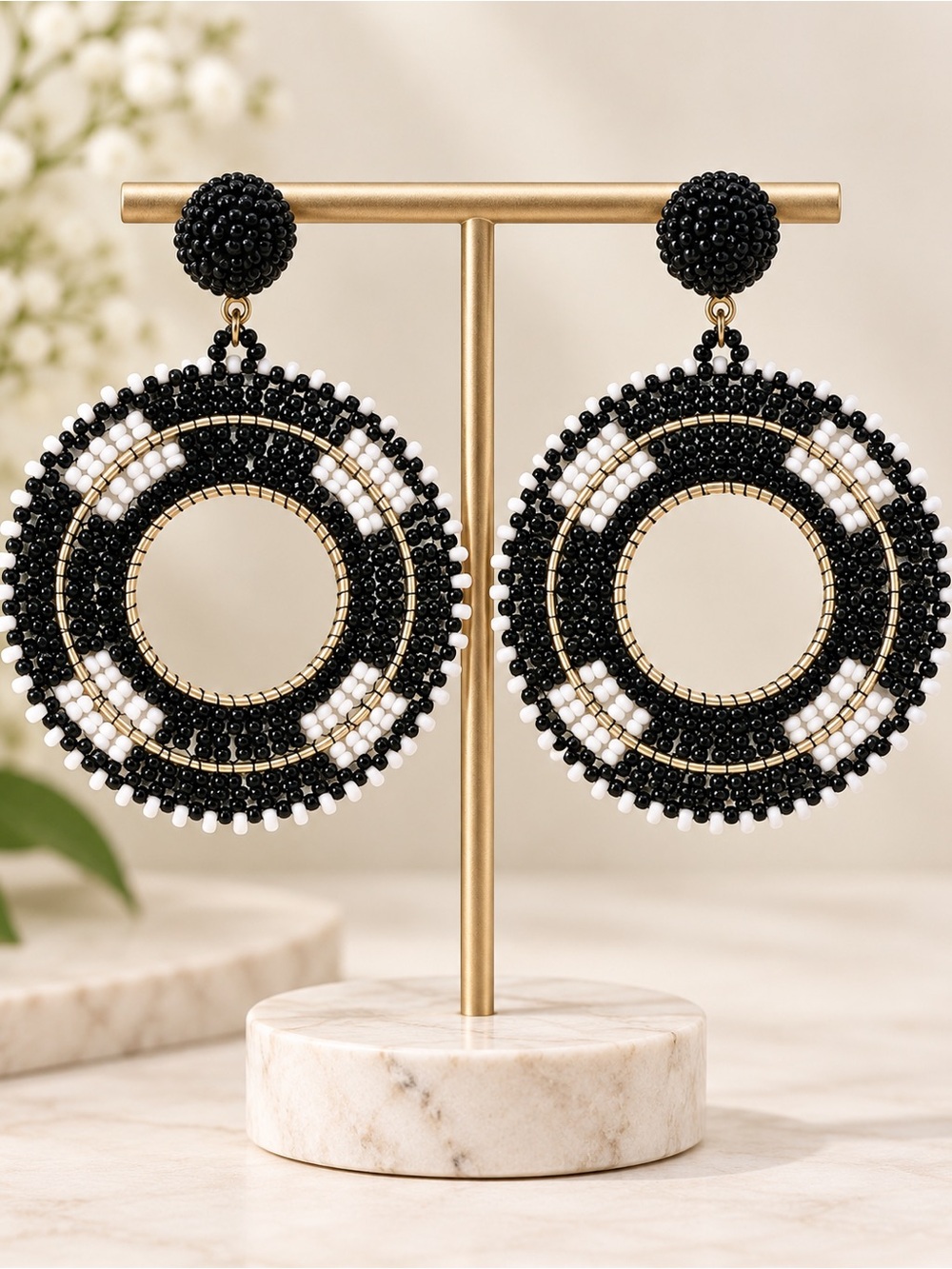 Black White Beaded Statement Earrings Oversized Boho Hoop Dangle - Picture 3 of 7